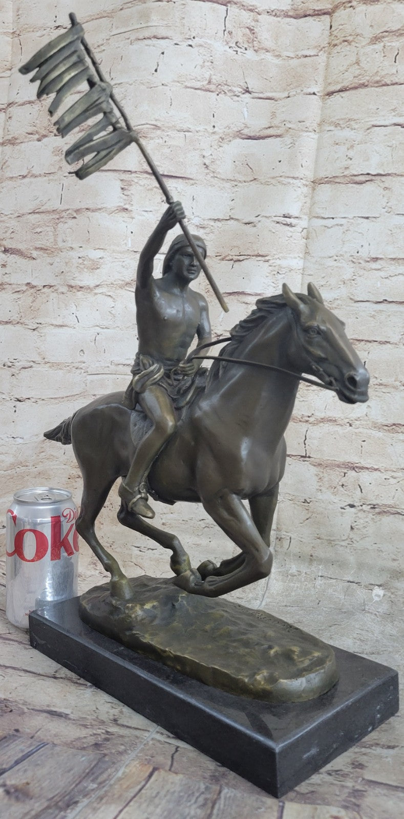 Signed Weston Semi Nude Indian warrior Holding A Flag Bronze Sculpture