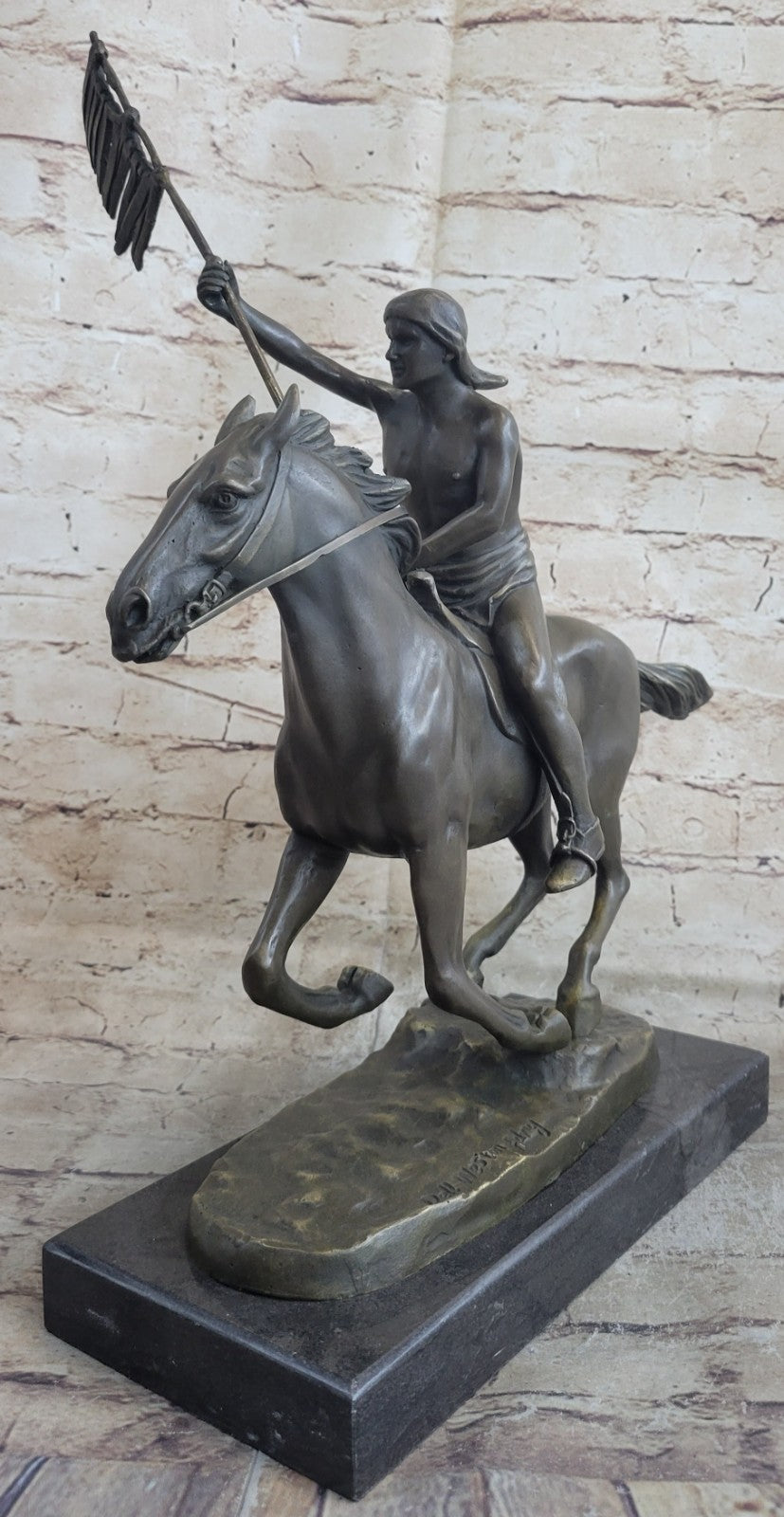 Signed Weston Semi Nude Indian warrior Holding A Flag Bronze Sculpture