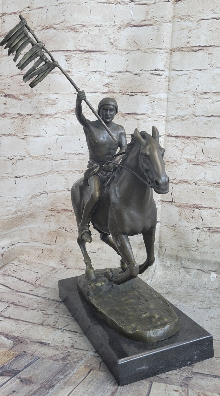 Signed Weston Semi Nude Indian warrior Holding A Flag Bronze Sculpture