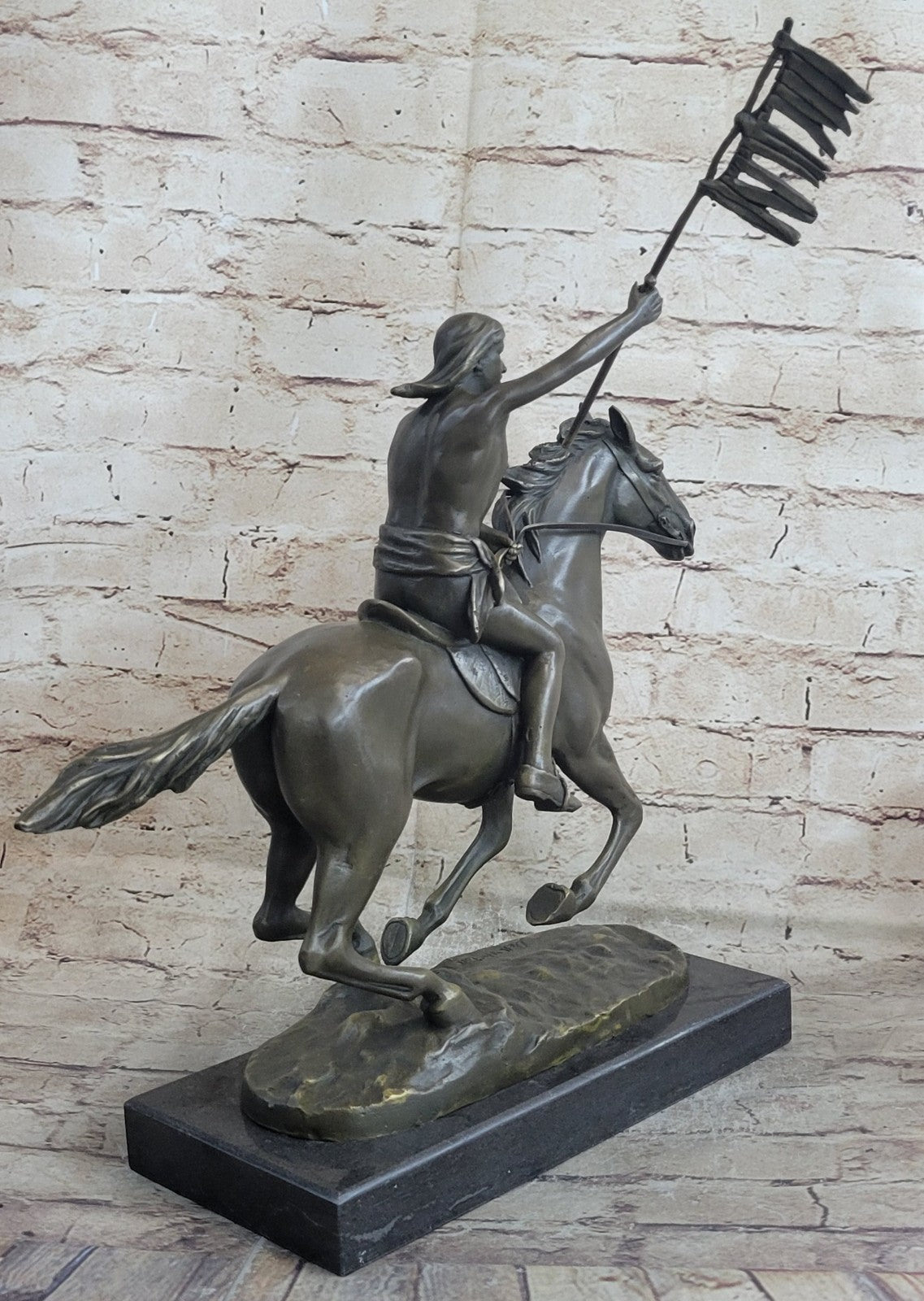 Signed Weston Semi Nude Indian warrior Holding A Flag Bronze Sculpture