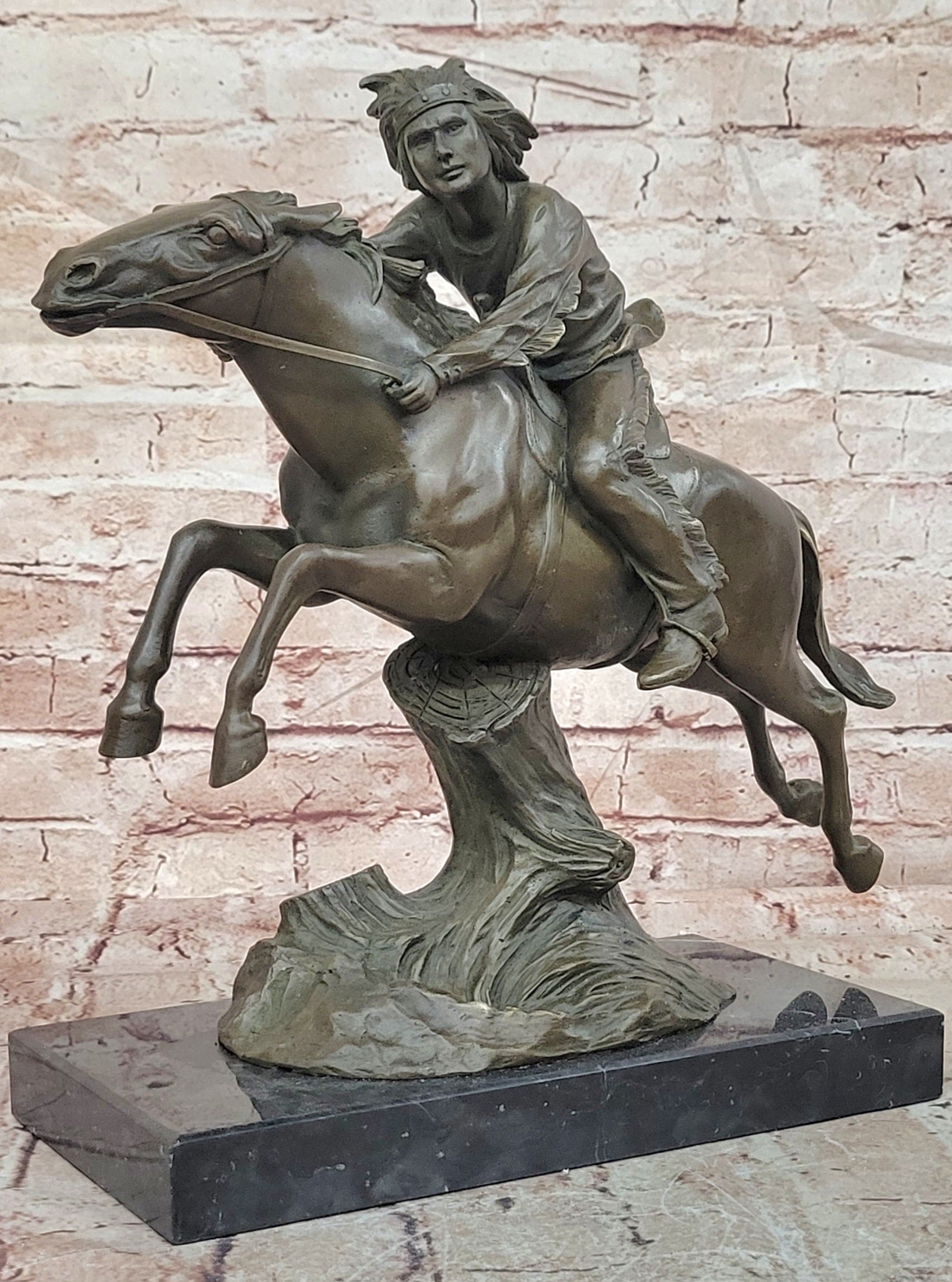 Native American Indian Man W/ Horse Bronze Sculpture Statue Figure Art