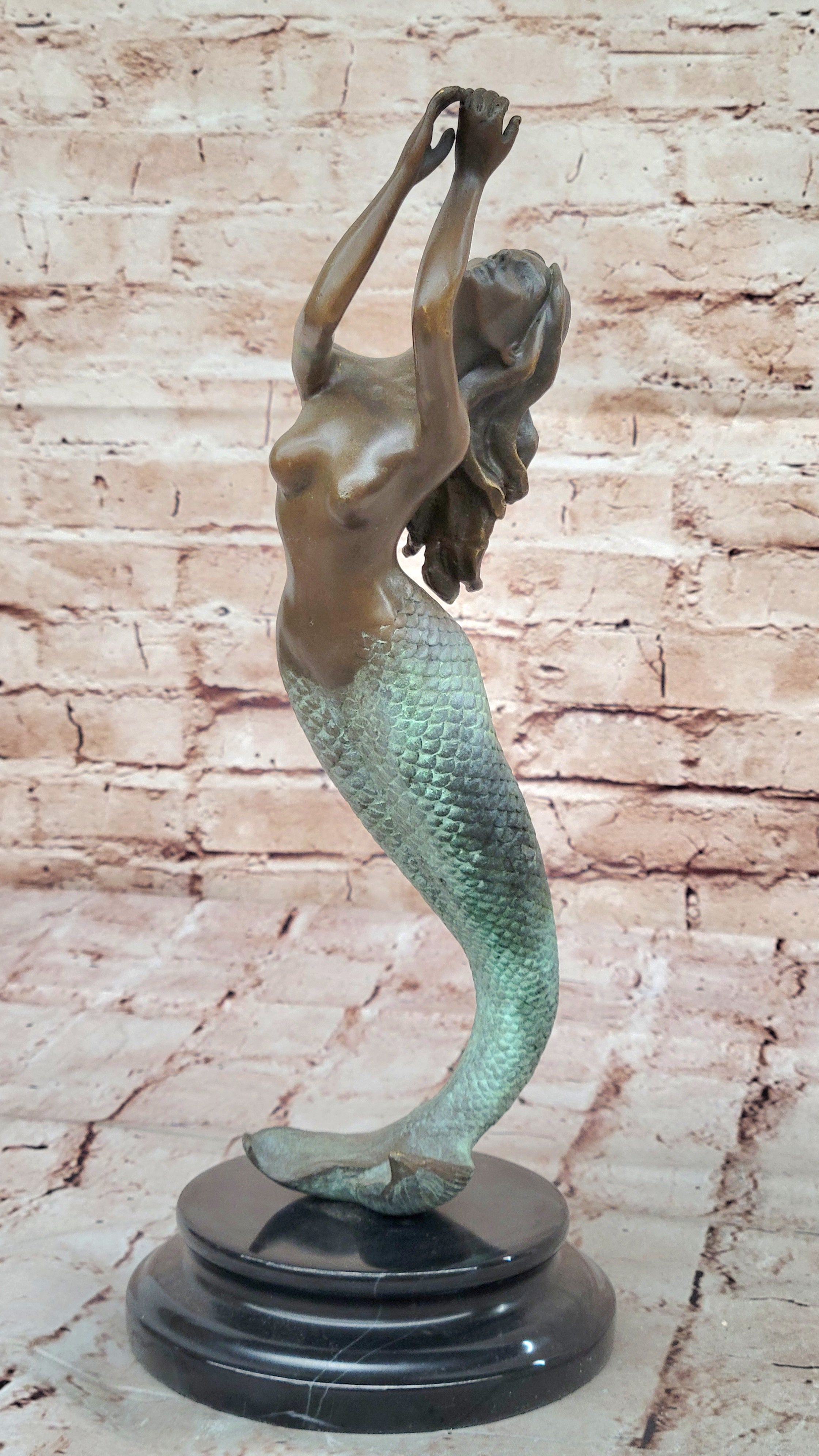 Nude Mermaid Swimming Bronze Figure Height 15" Nautical Tropical Home Decoration