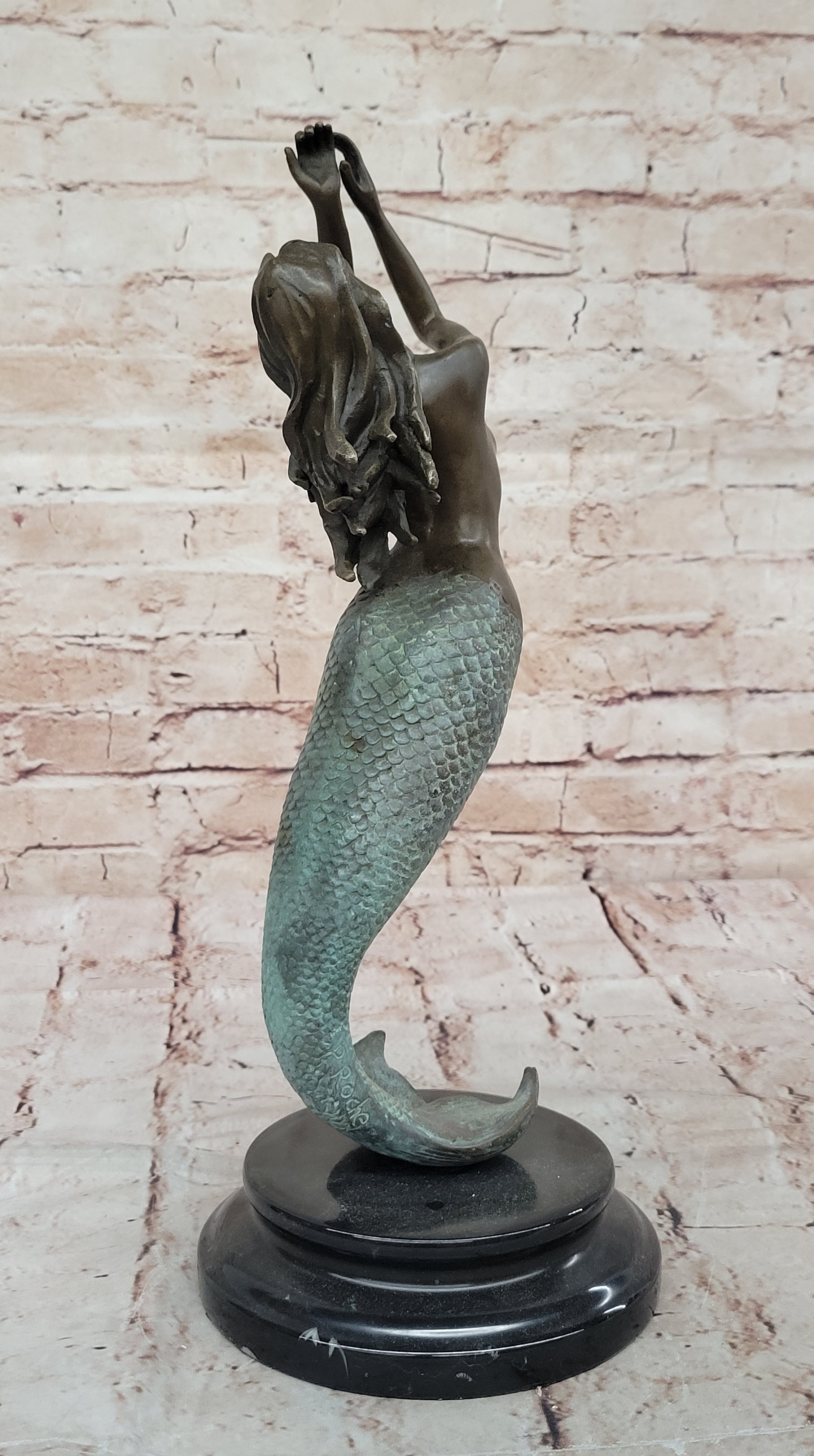 Nude Mermaid Swimming Bronze Figure Height 15" Nautical Tropical Home Decoration