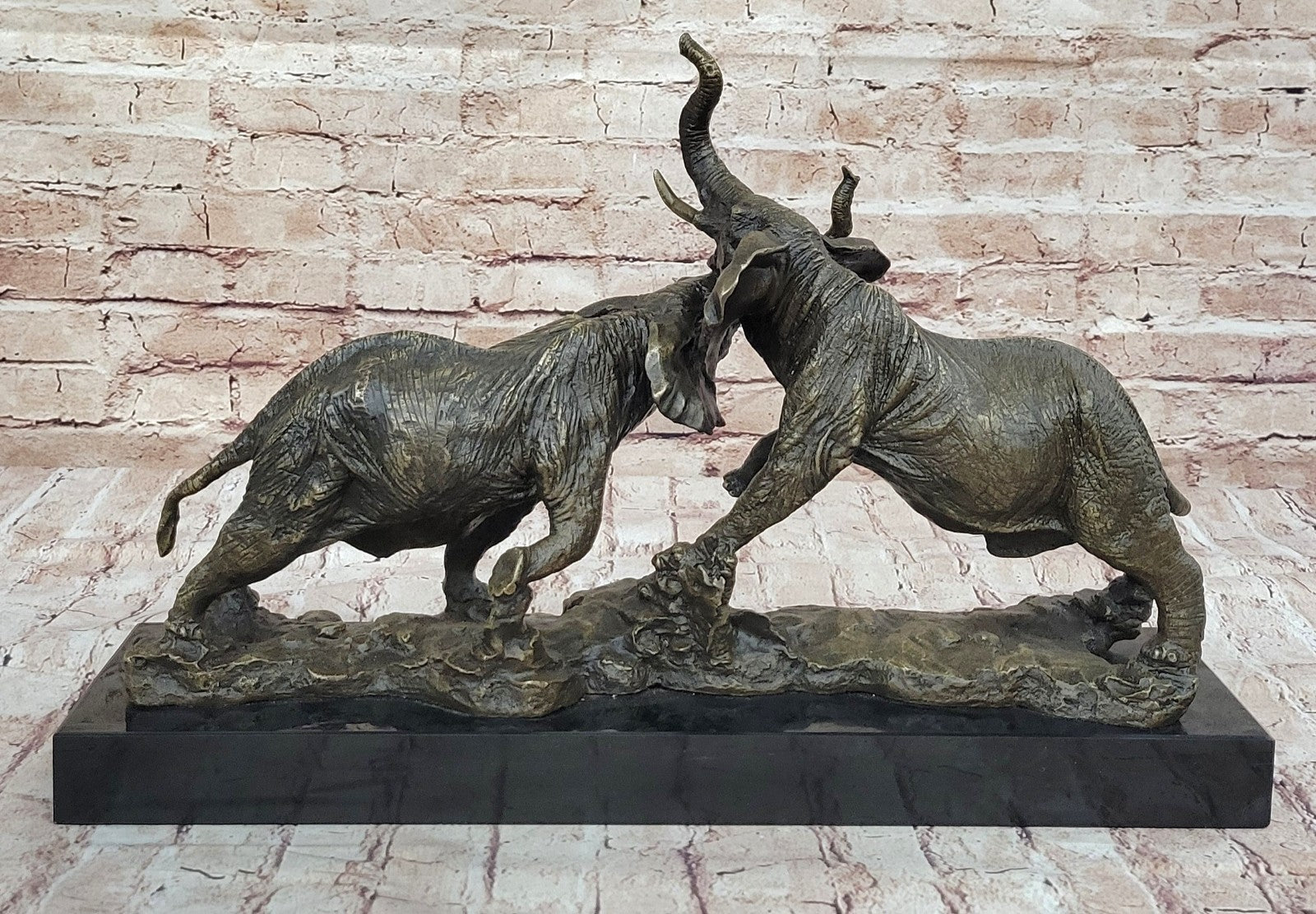 Elephants in Battle Bronze Sculpture Hot Cast Marble Base Figurine Wild Life Art