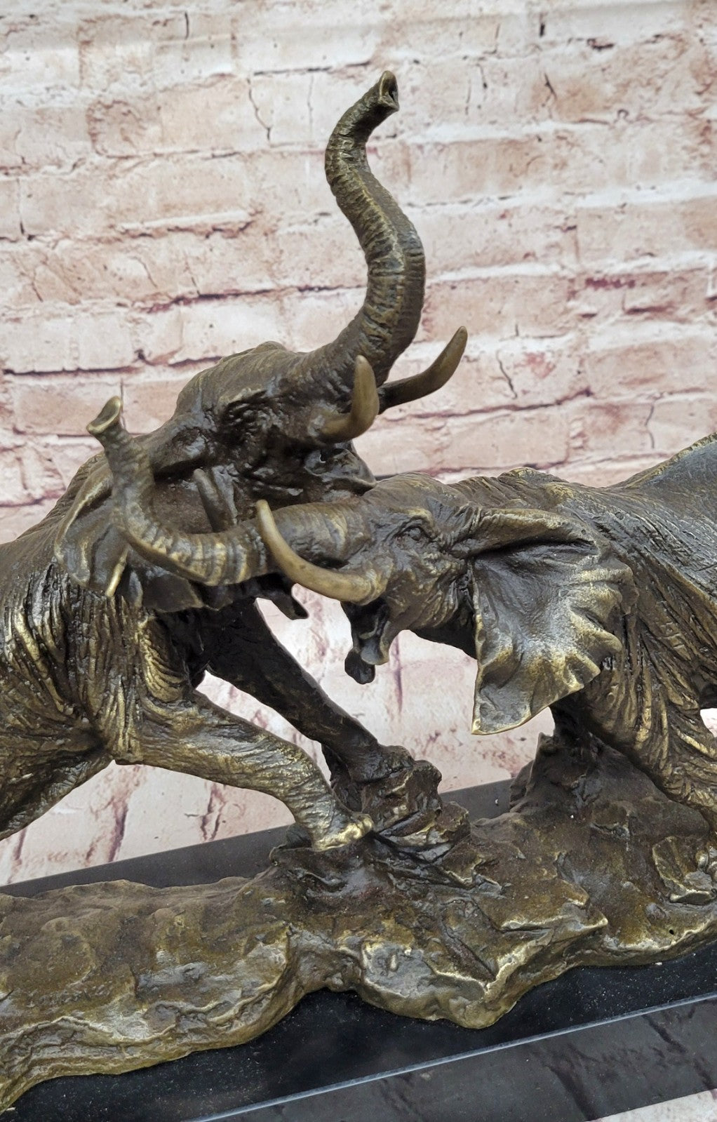 Elephants in Battle Bronze Sculpture Hot Cast Marble Base Figurine Wild Life Art