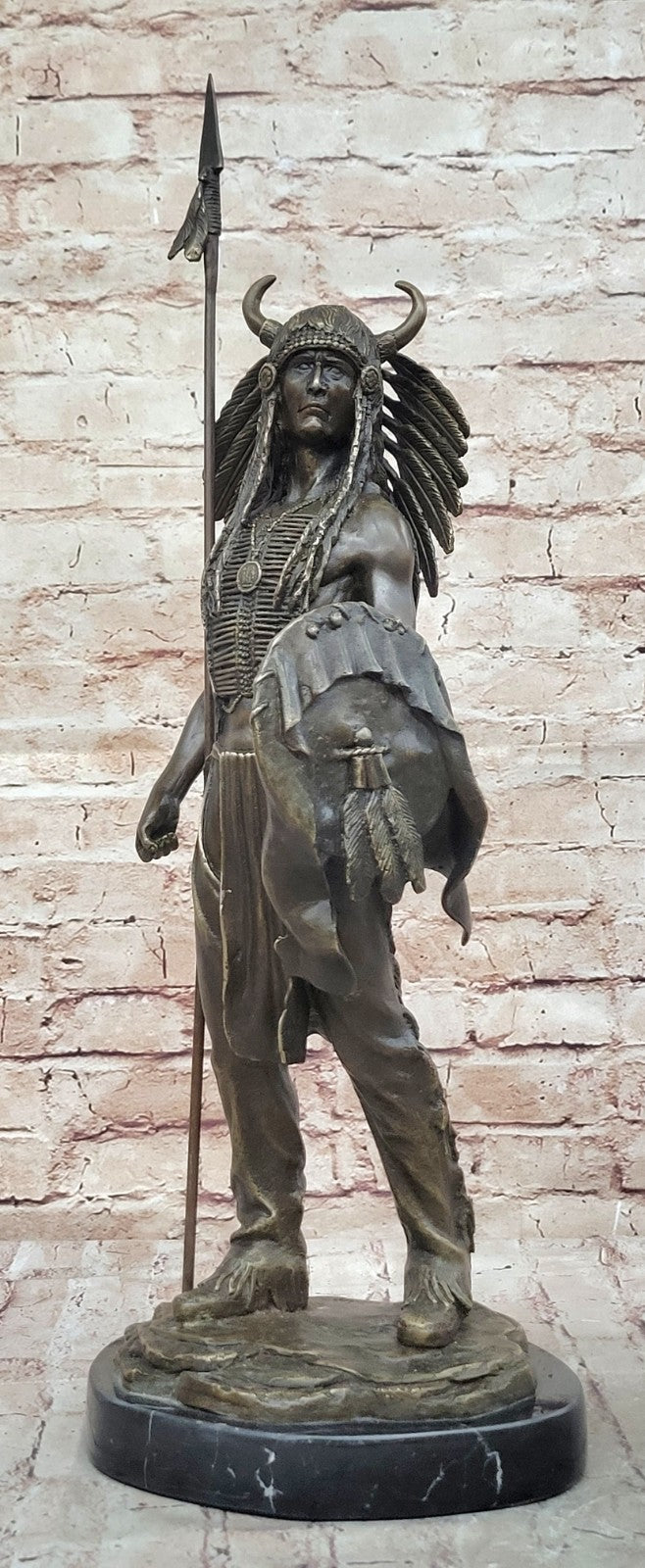 Genuine Bronze Statue Marble Base American Indian Chief Buffalo Headdress Decor