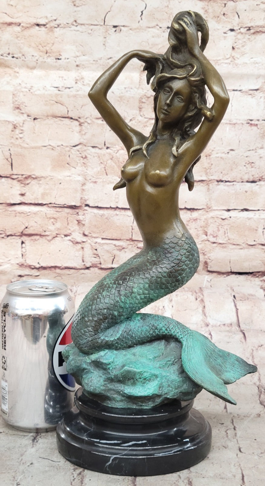 Handcrafted Museum Quality Work Nude Beautiful Mermaid Accent of Gold Patina