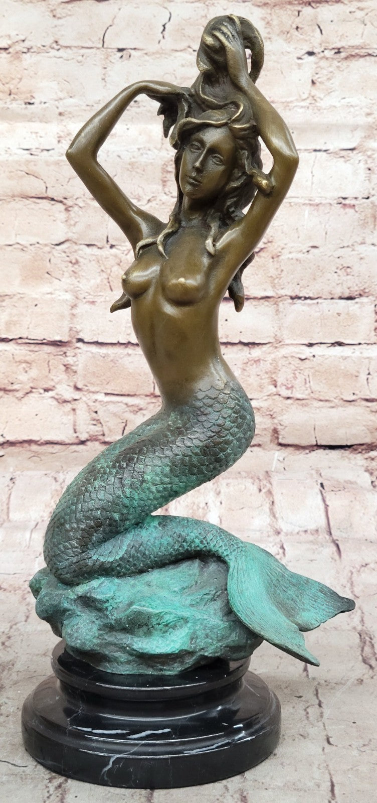 Handcrafted Museum Quality Work Nude Beautiful Mermaid Accent of Gold Patina