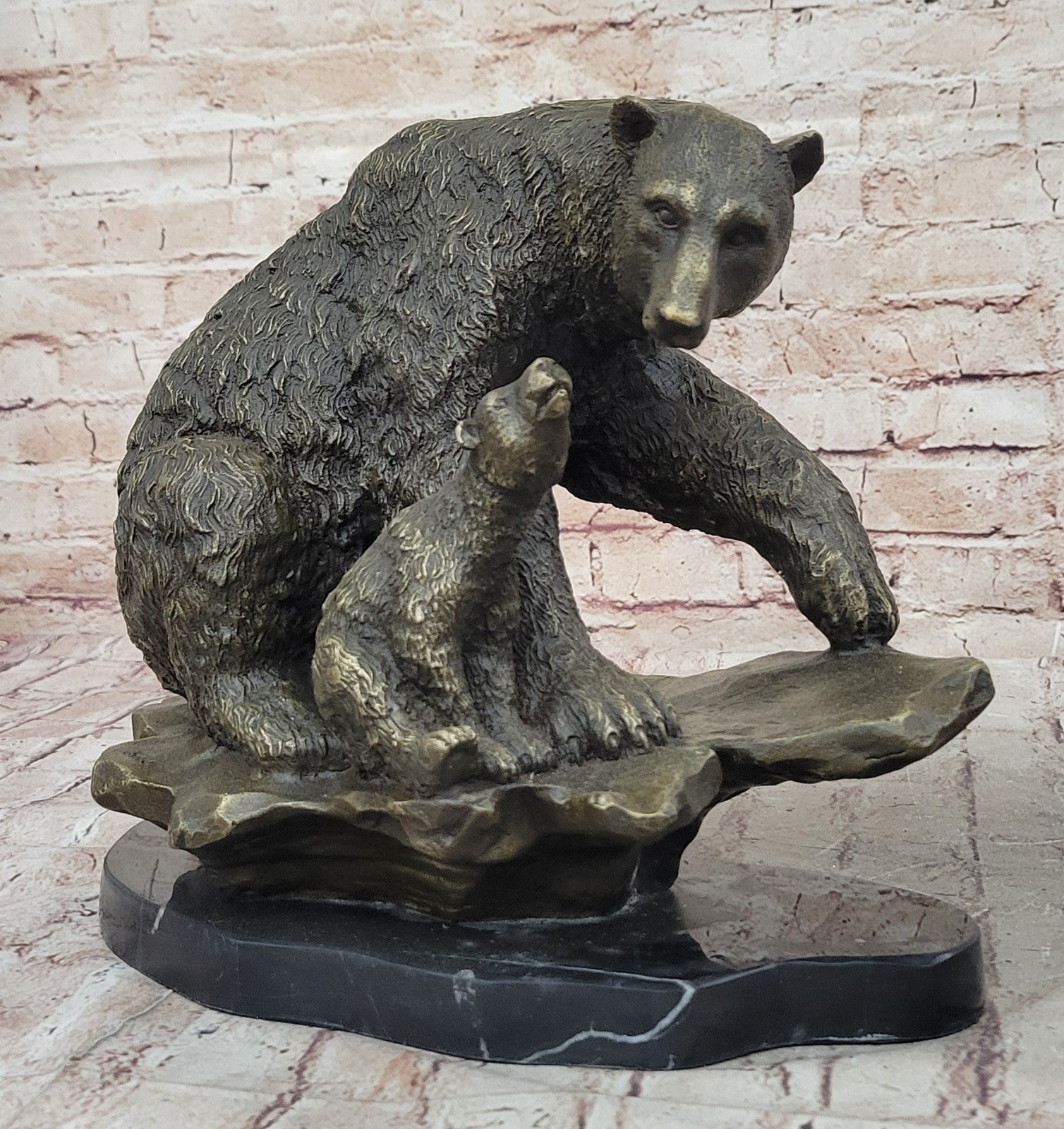 Art Deco Polar Bear And Cub on a Rock Museum Quality Bronze Masterpiece Statue