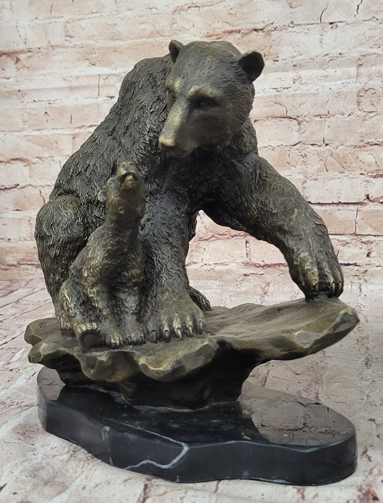 Art Deco Polar Bear And Cub on a Rock Museum Quality Bronze Masterpiece Statue