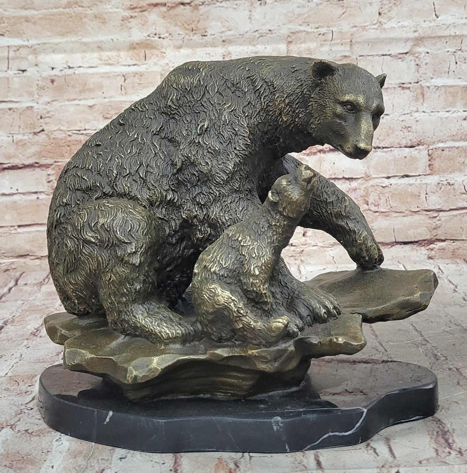 Art Deco Polar Bear And Cub on a Rock Museum Quality Bronze Masterpiece Statue