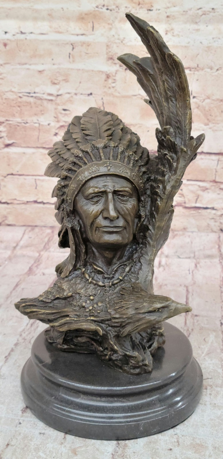 Western Art Hand Made Indian Warrior Chief Bust Bronze Sculpture Figurine Figure