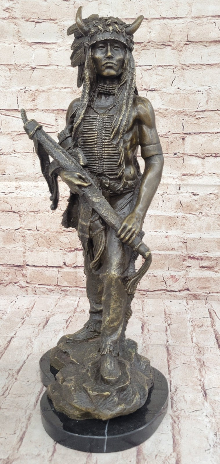 Handcrafted bronze sculpture SALE Marble Chief Indian American Native Signed