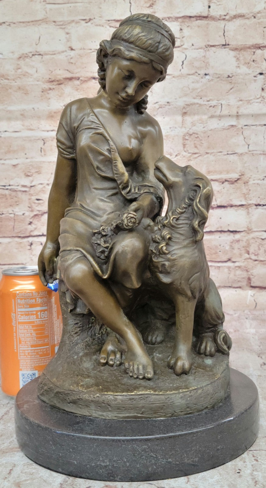 Hand Made Detailed Woman and her Dog by Lost Wax Method Bronze Sculpture