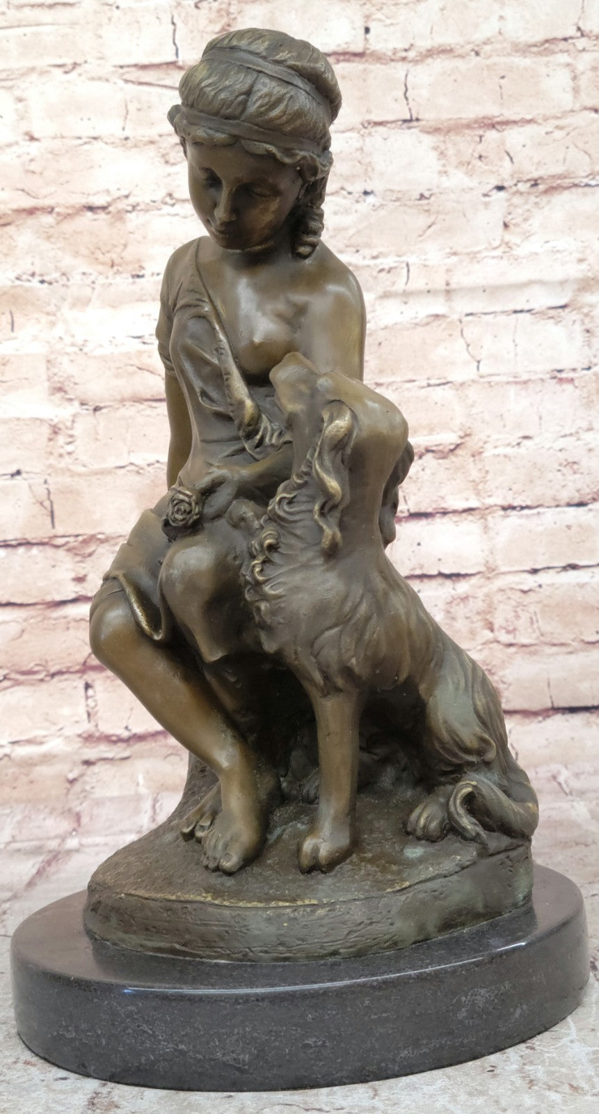 Hand Made Detailed Woman and her Dog by Lost Wax Method Bronze Sculpture