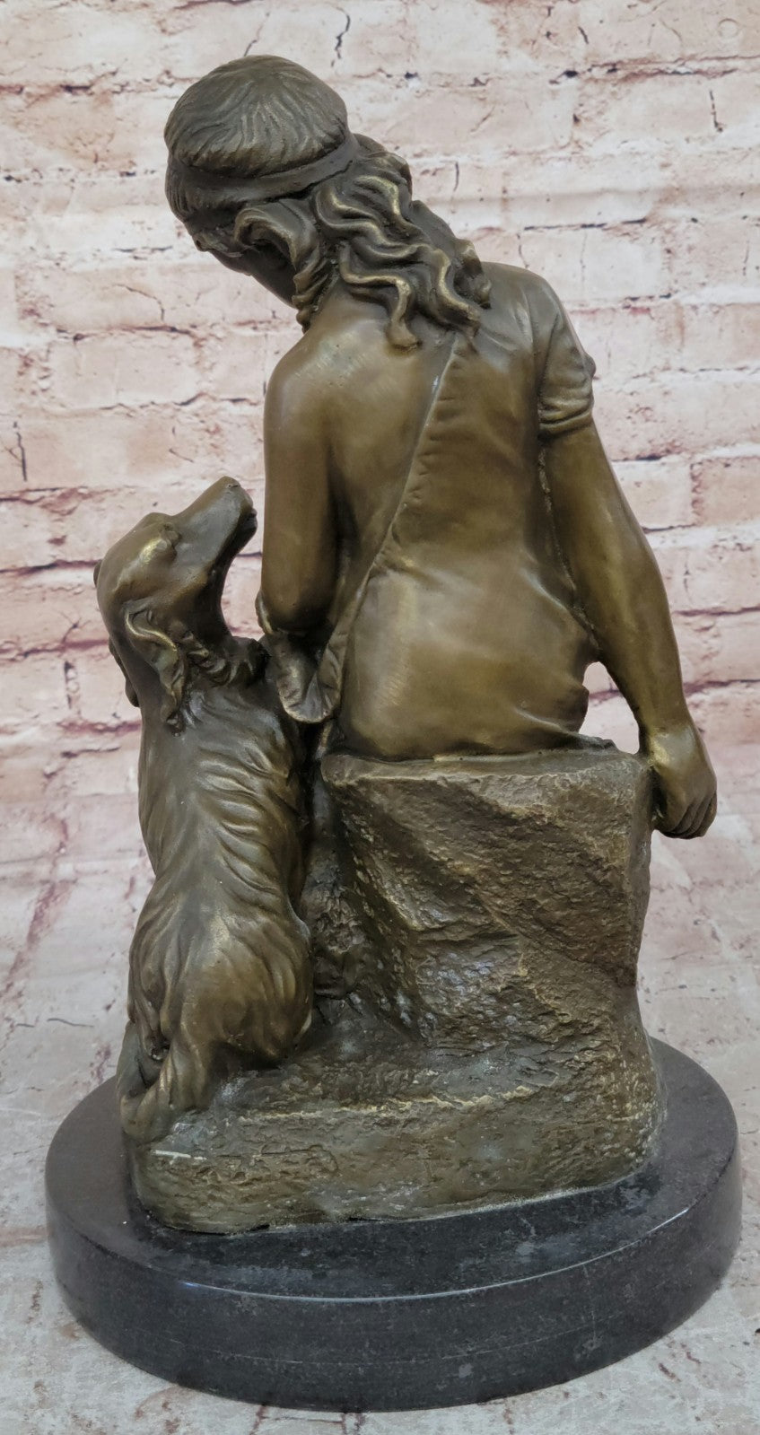 Hand Made Detailed Woman and her Dog by Lost Wax Method Bronze Sculpture