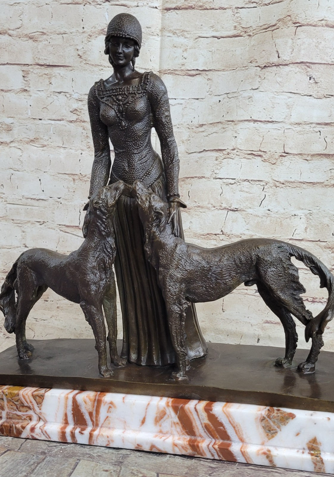 Handcrafted Bronze Art Deco Friends Forever Lady with Dogs Statue Chiparus