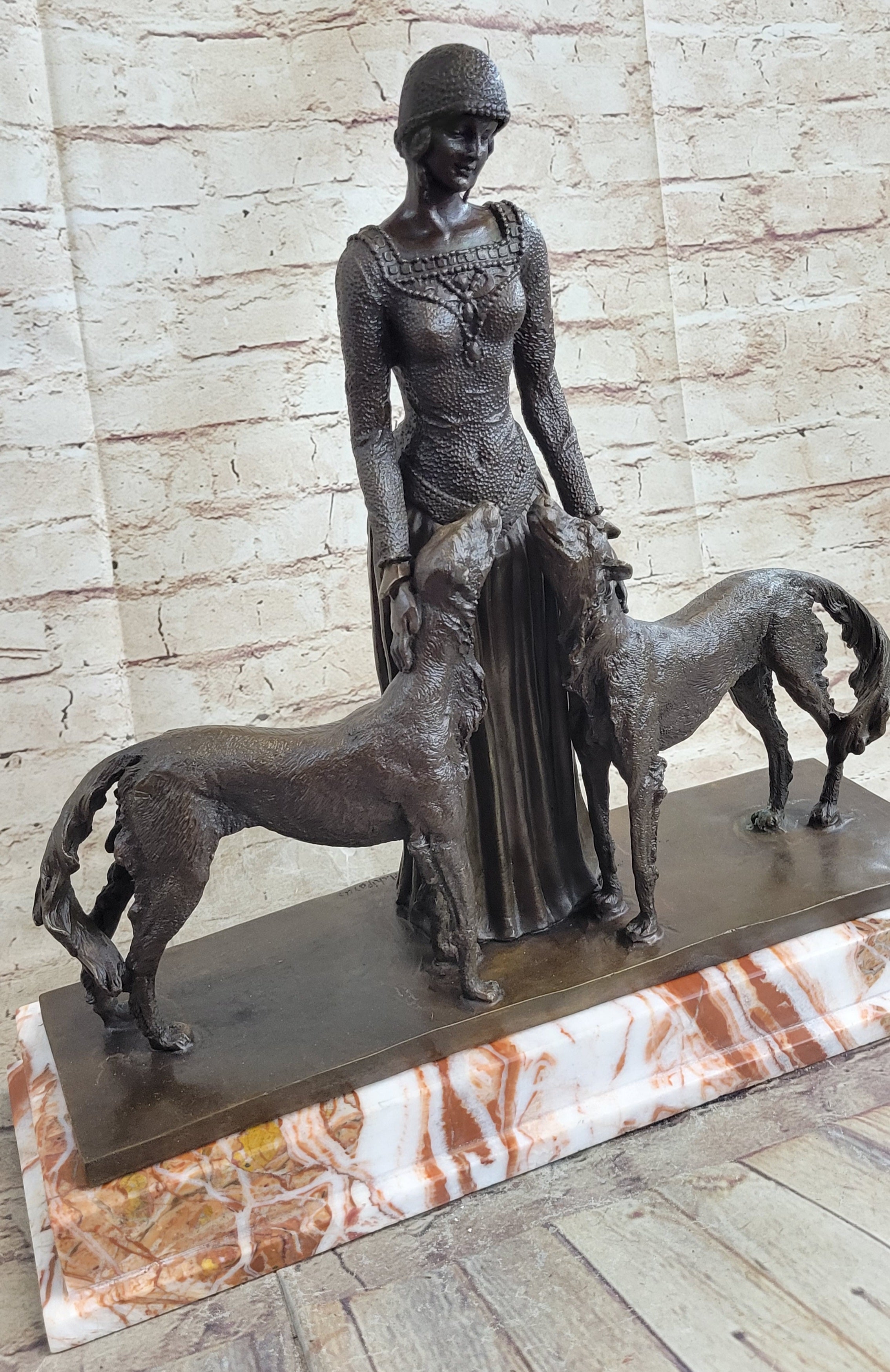 Handcrafted Bronze Art Deco Friends Forever Lady with Dogs Statue Chiparus