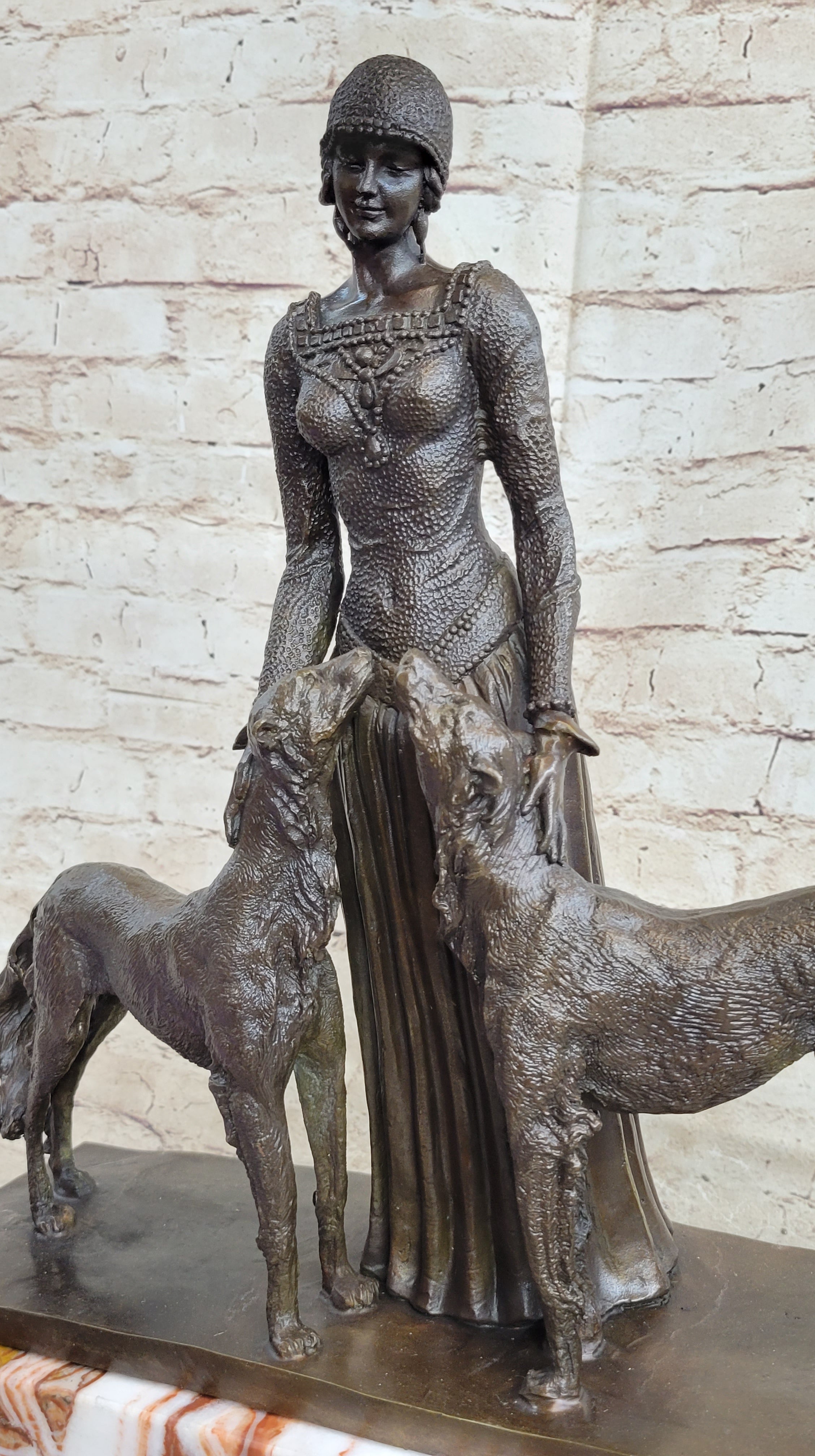 Handcrafted Bronze Art Deco Friends Forever Lady with Dogs Statue Chiparus