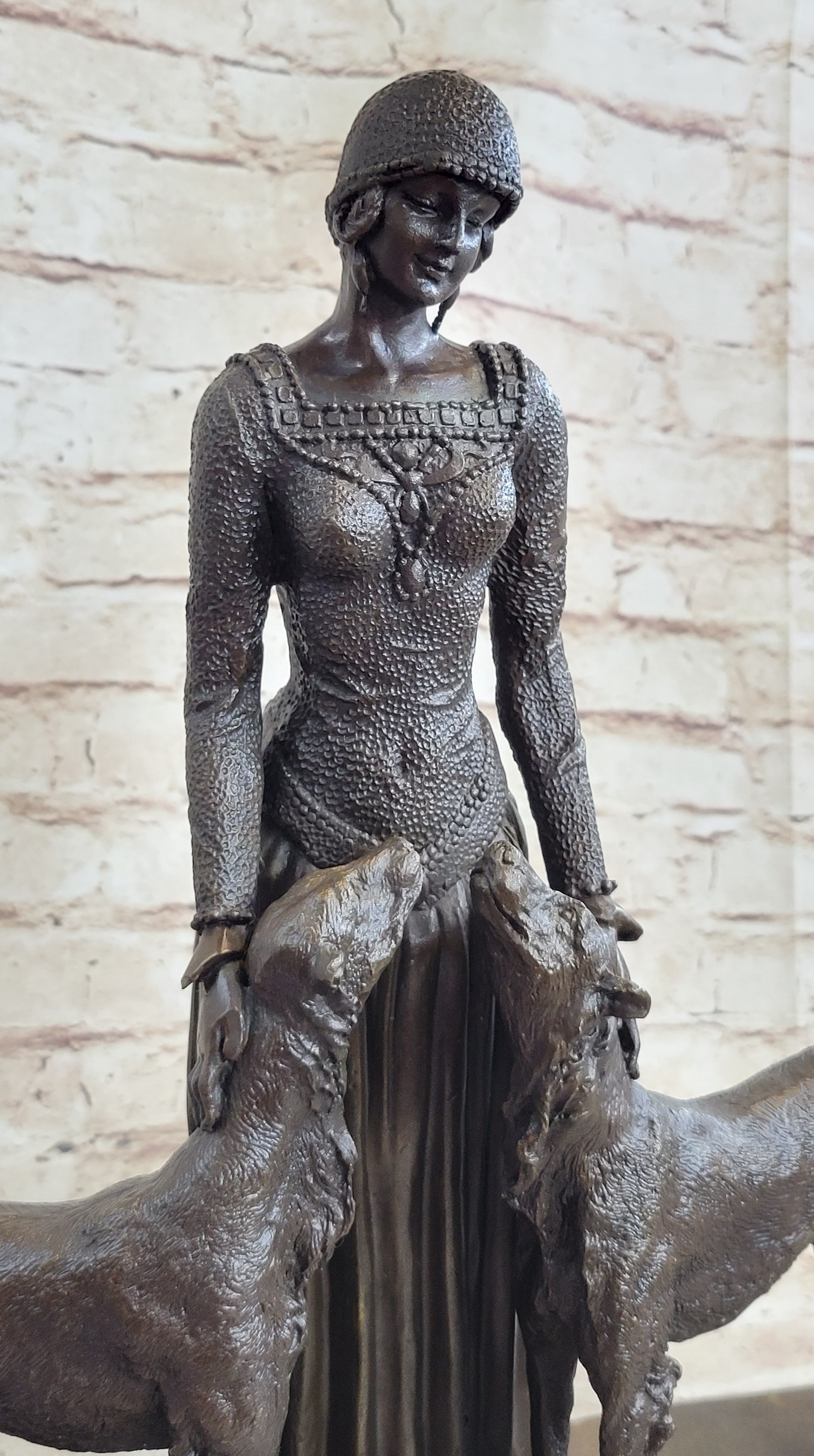 Handcrafted Bronze Art Deco Friends Forever Lady with Dogs Statue Chiparus
