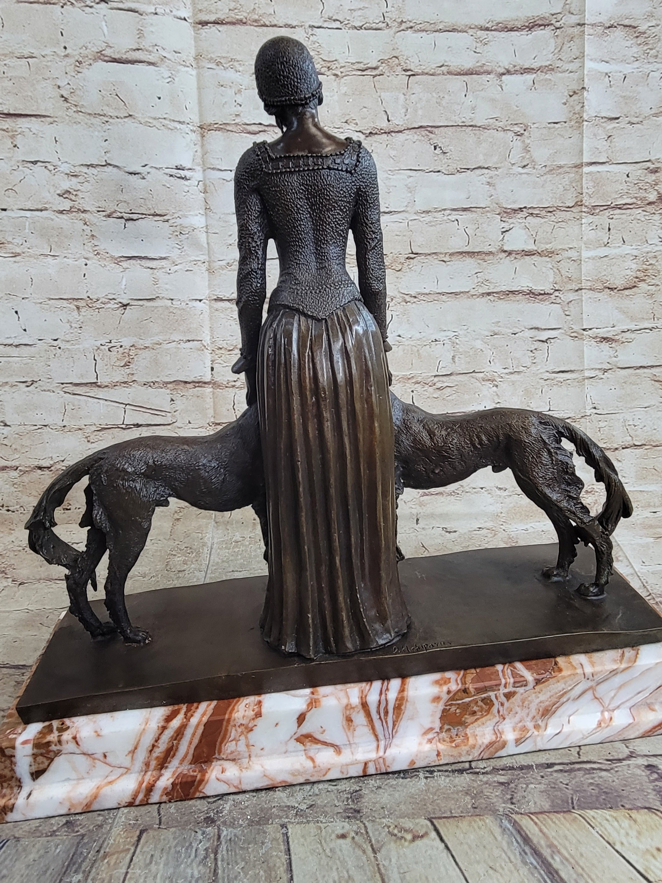 Handcrafted Bronze Art Deco Friends Forever Lady with Dogs Statue Chiparus