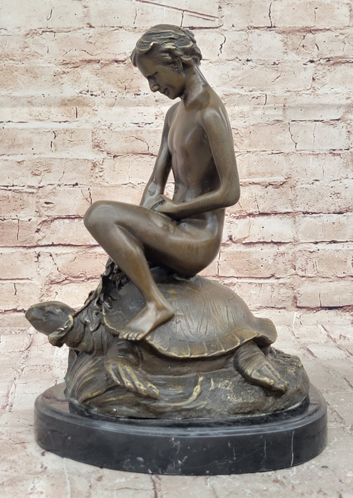 Handcrafted Collectible Nude Boy with Turtle Bronze Sculpture Marble Figurine