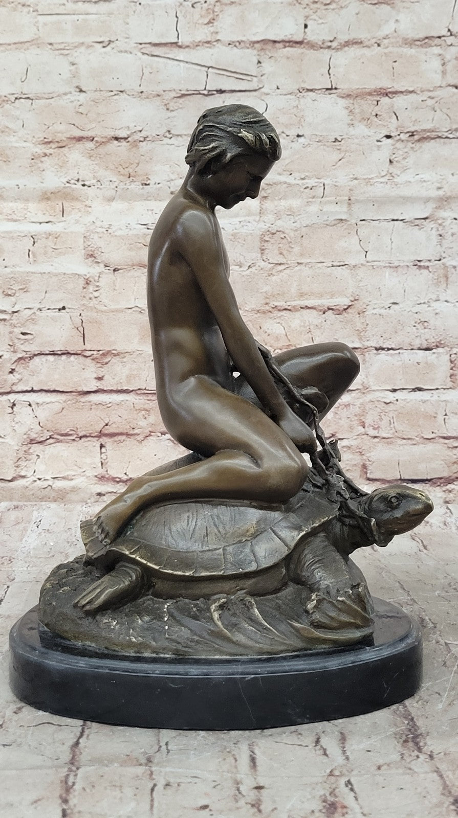 Handcrafted Collectible Nude Boy with Turtle Bronze Sculpture Marble Figurine