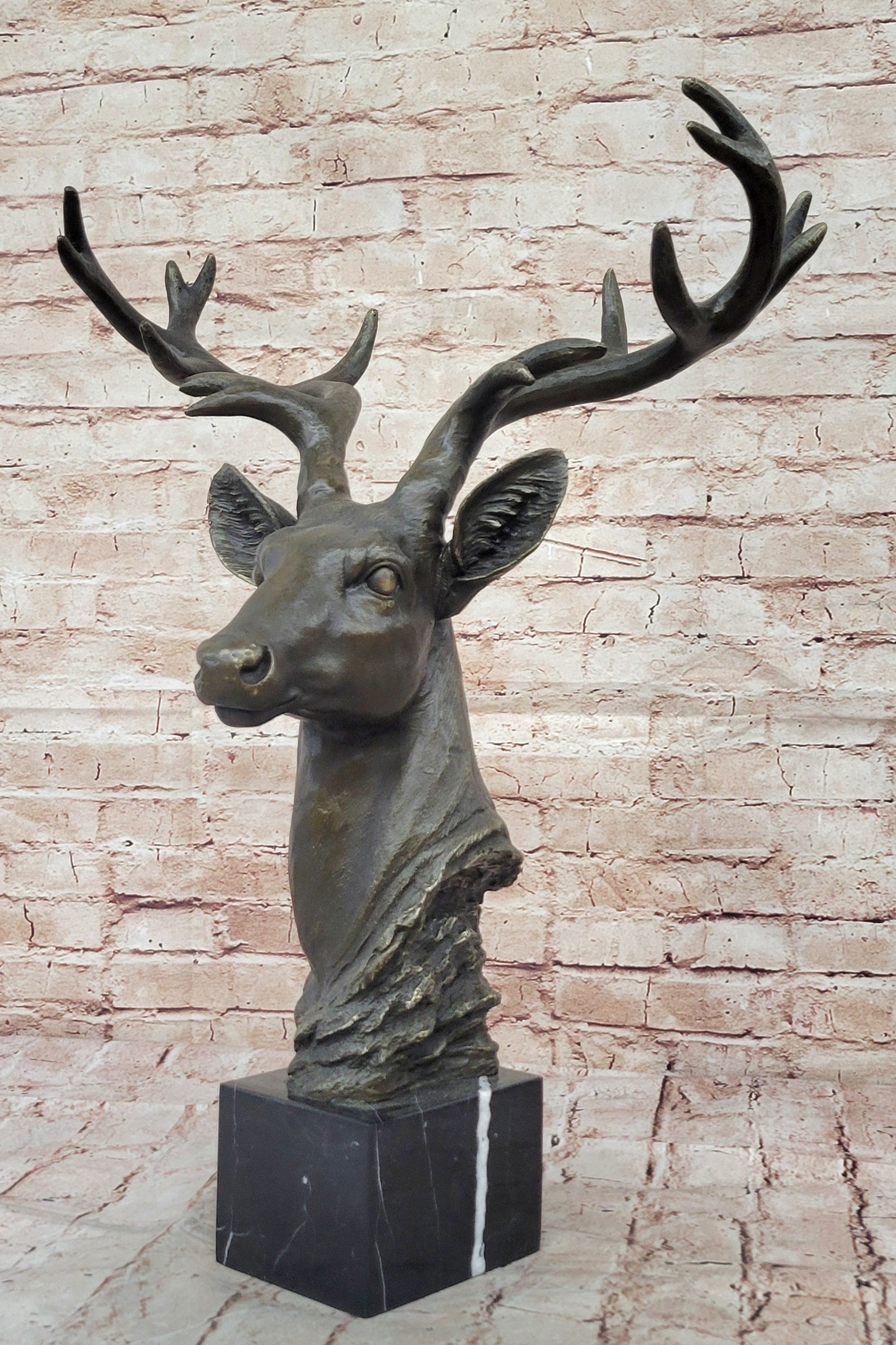 Chalet Lodge Art Elk Stag Buck Deer Hunter Bronze Marble Base Lodge Sculpture