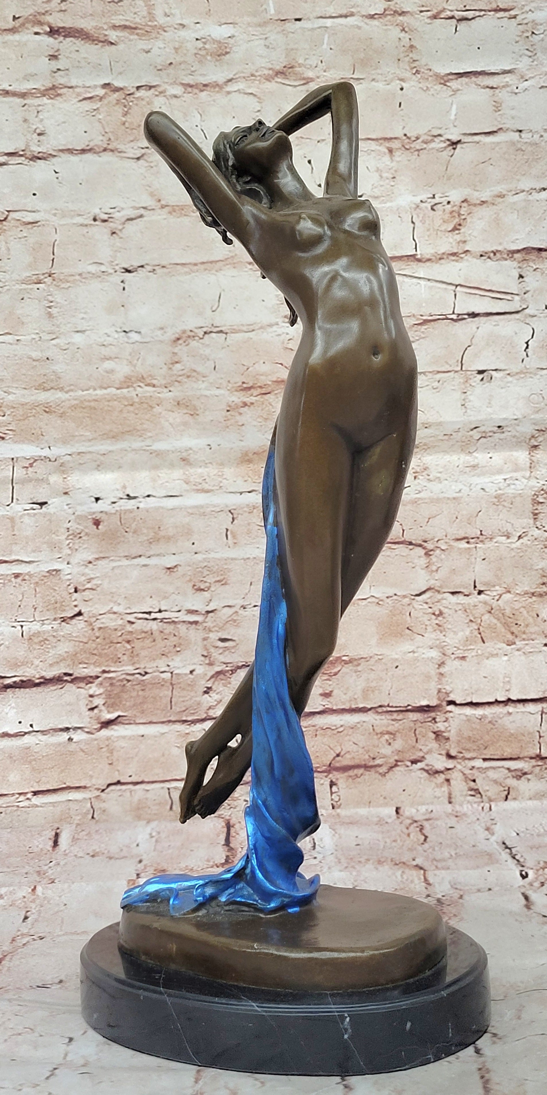 Nude Young Lady Hot Cast Bronze Wine Statue Sculpture Marble Base Home Decor Art