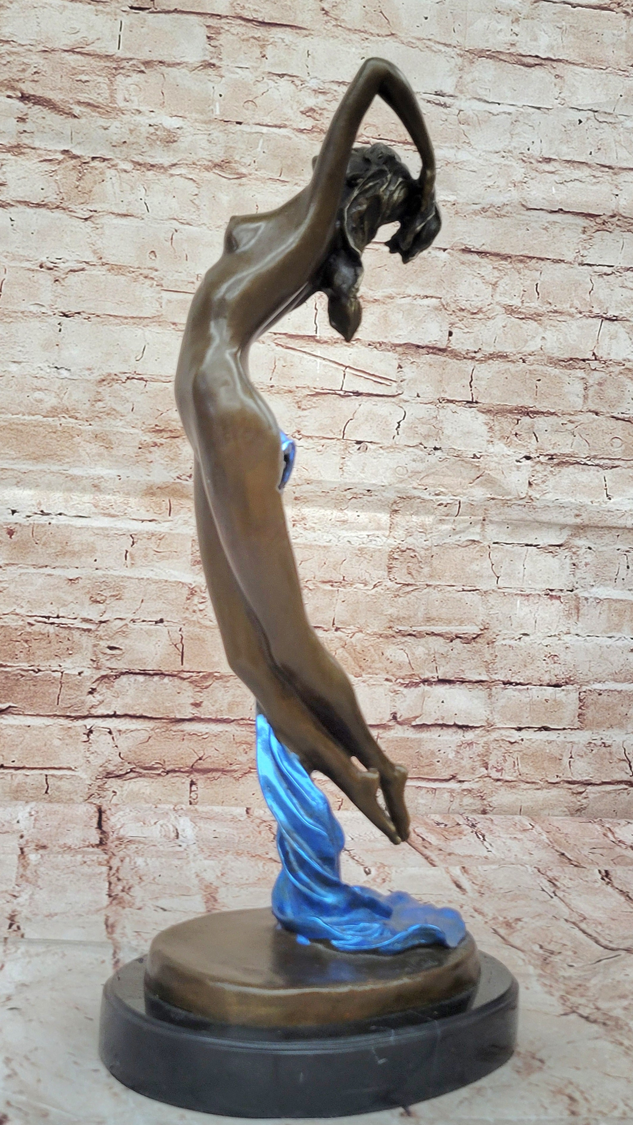 Nude Young Lady Hot Cast Bronze Wine Statue Sculpture Marble Base Home Decor Art