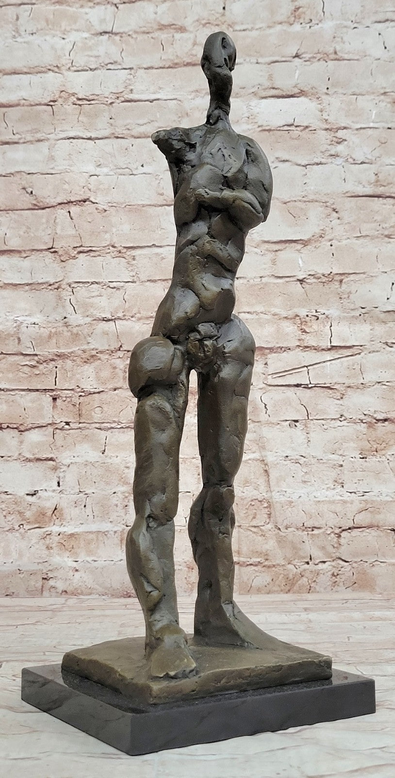 MODERNIST ABSTRACT BRONZE MALE NUDE SCULPTURE SIGNED MID CENTURY MARBLE BOOKEND