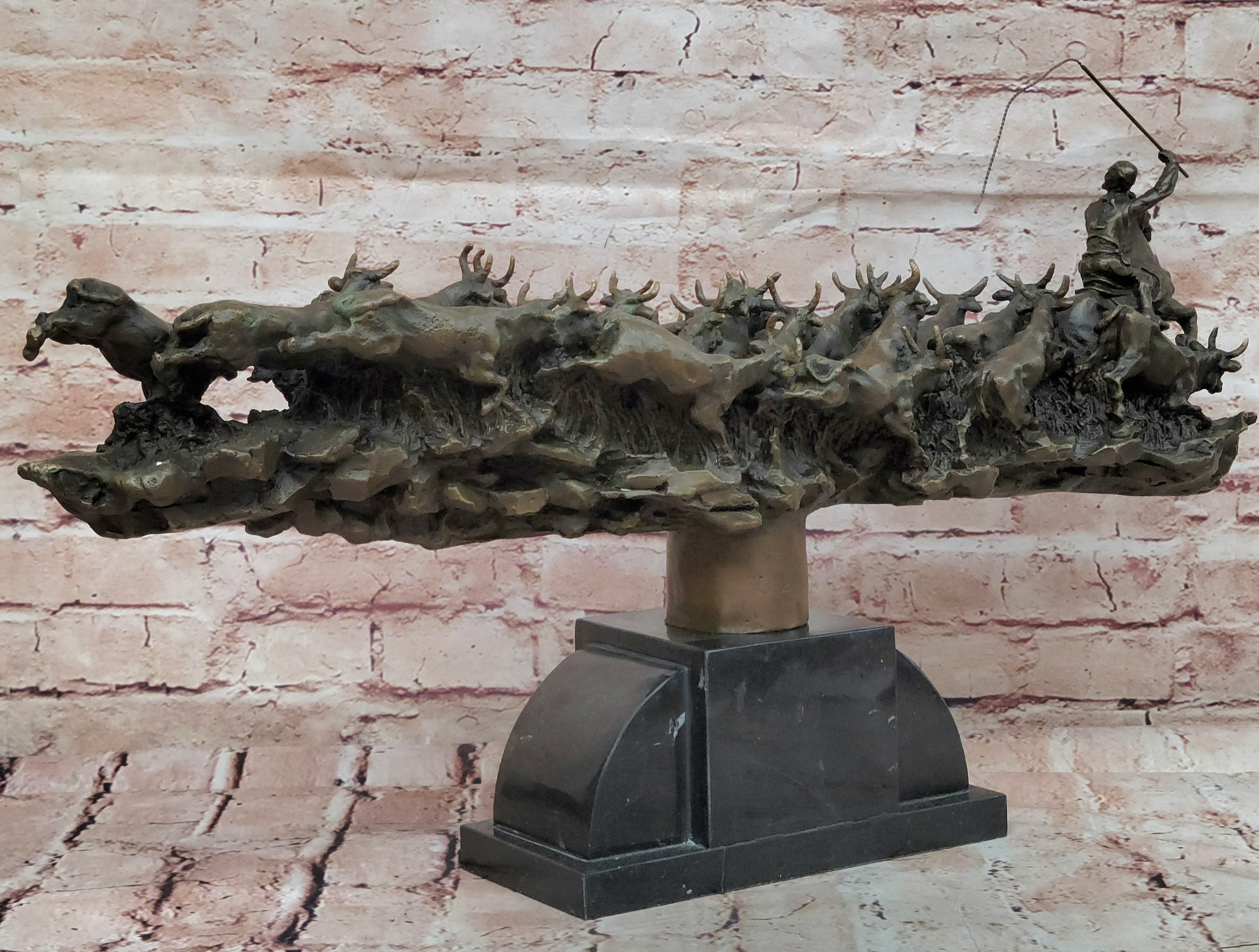 Russell Handcrafted Huge Museum Quality Wild West Cowboy and his Cattle Bronze