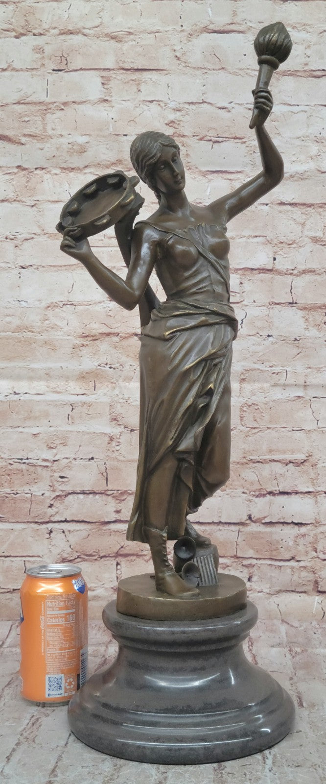 Indoor/Outdoor Bronze Statue: Vintage Brass Casting of a Young Girl with Tambourine by Milo
