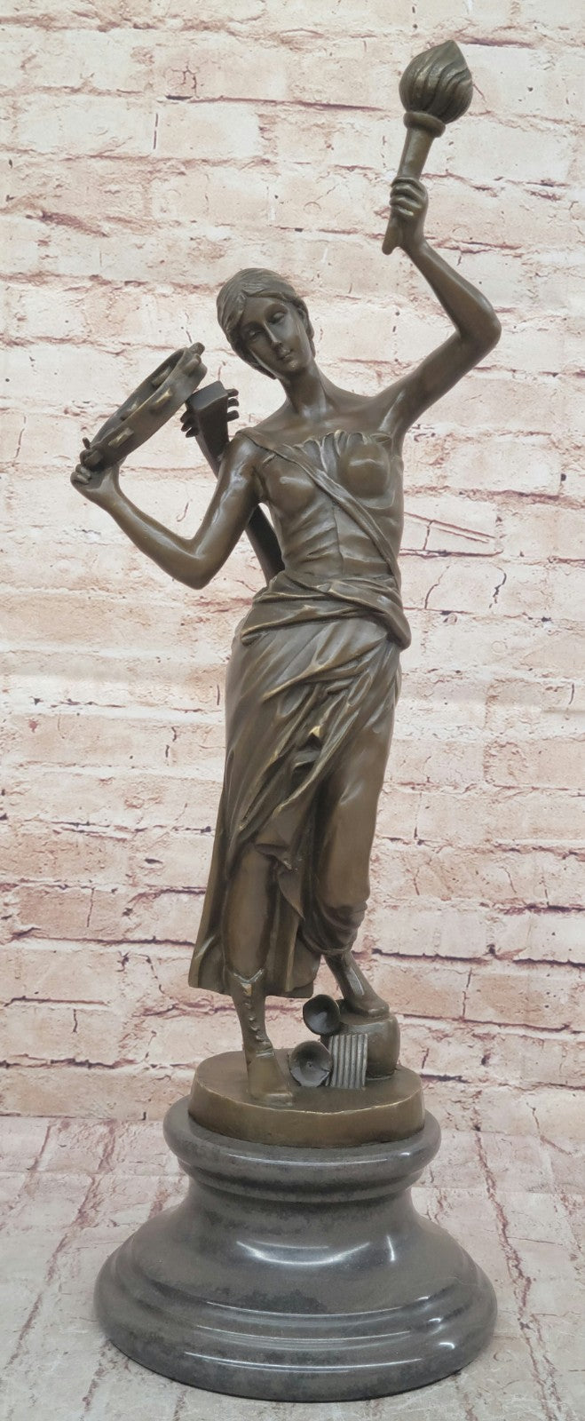 Indoor/Outdoor Bronze Statue: Vintage Brass Casting of a Young Girl with Tambourine by Milo