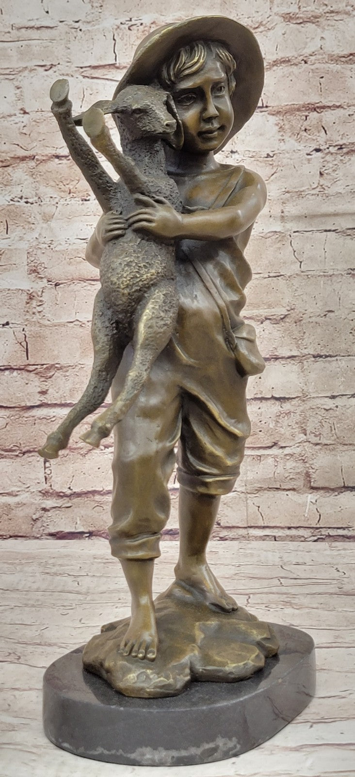 HEAVY BRONZE SHEPHERD BOY SHEEP AND LAMB STATUE SCULPTURE LOST WAX METHOD FIGURINE