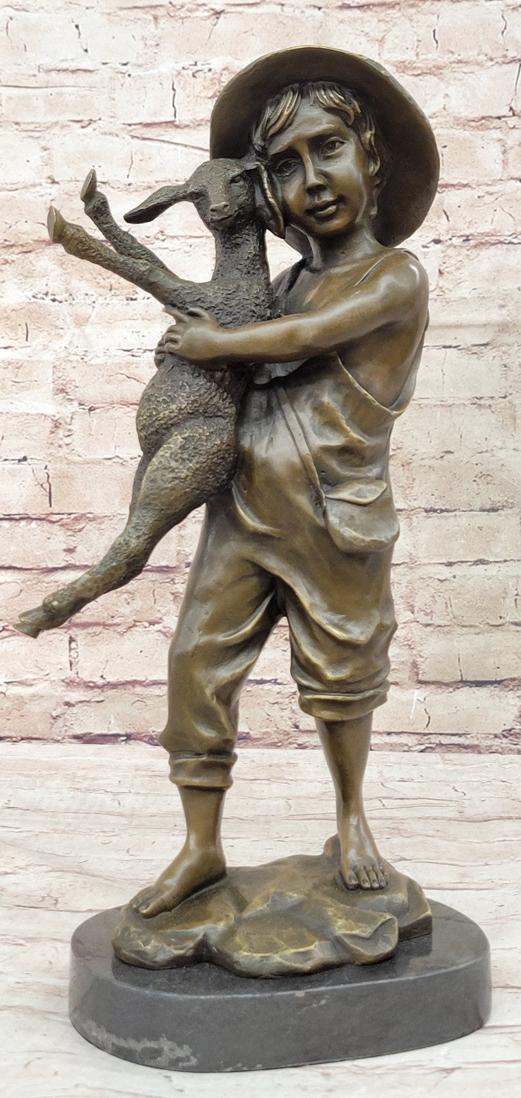HEAVY BRONZE SHEPHERD BOY SHEEP AND LAMB STATUE SCULPTURE LOST WAX METHOD FIGURINE