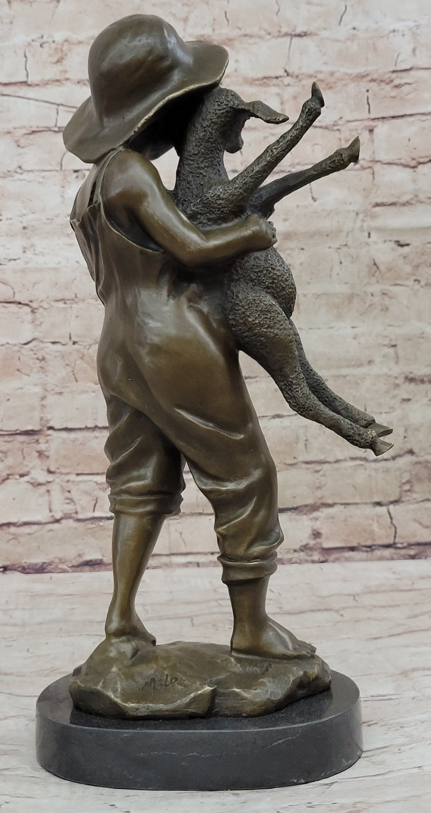 HEAVY BRONZE SHEPHERD BOY SHEEP AND LAMB STATUE SCULPTURE LOST WAX METHOD FIGURINE