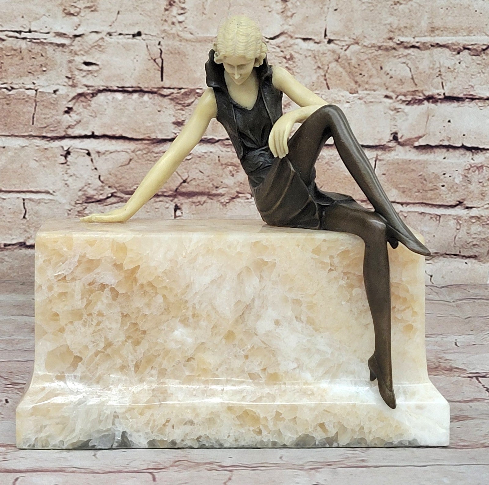 Art Nouveau Sexy Female Bronze & Faux Bone Sculpture on White Marble Base Figure