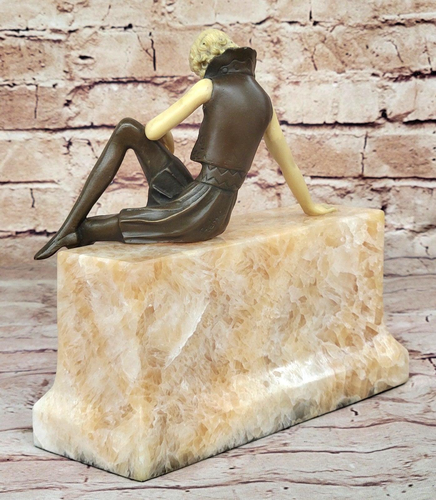 Art Nouveau Sexy Female Bronze & Faux Bone Sculpture on White Marble Base Figure