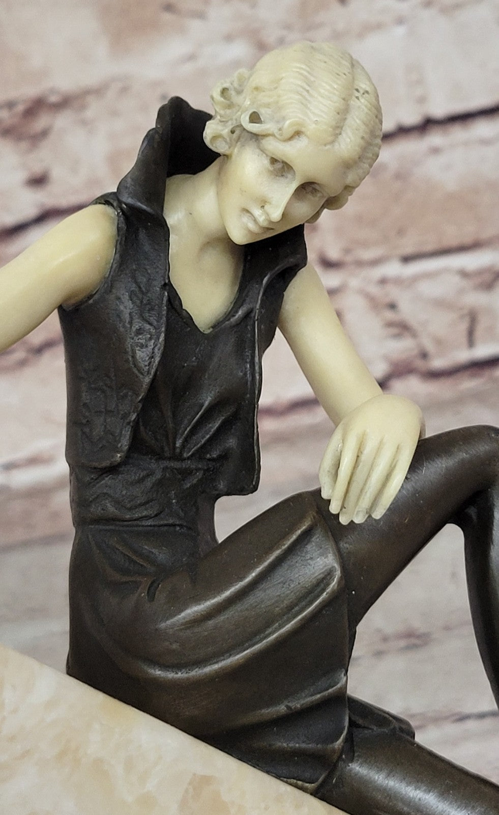 Art Nouveau Sexy Female Bronze & Faux Bone Sculpture on White Marble Base Figure