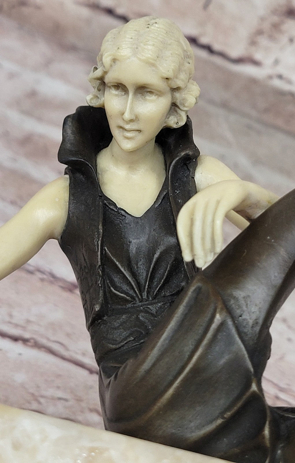 Art Nouveau Sexy Female Bronze & Faux Bone Sculpture on White Marble Base Figure