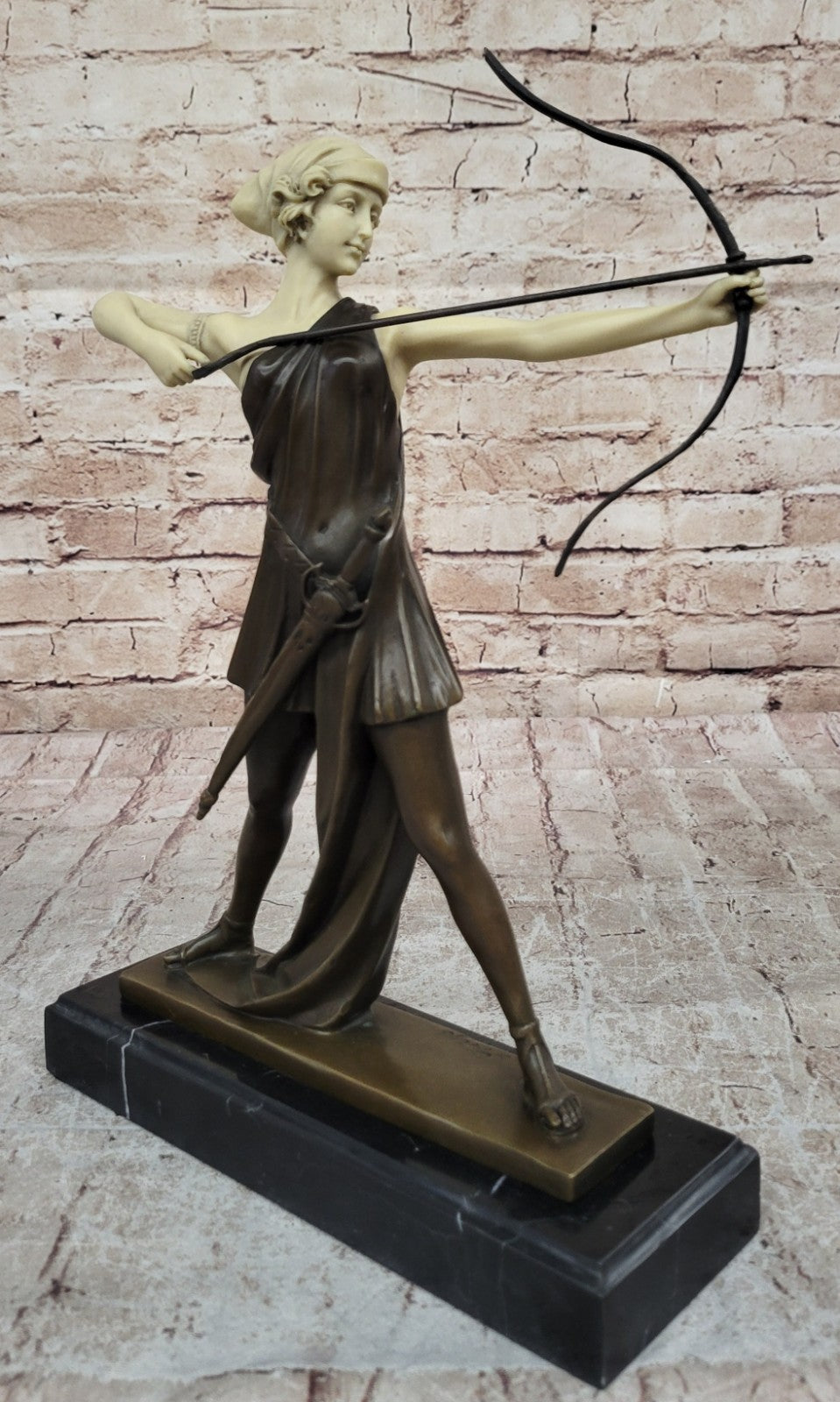 Diana with a bow statue made of bronze standing on a marble base Lost Wax Method