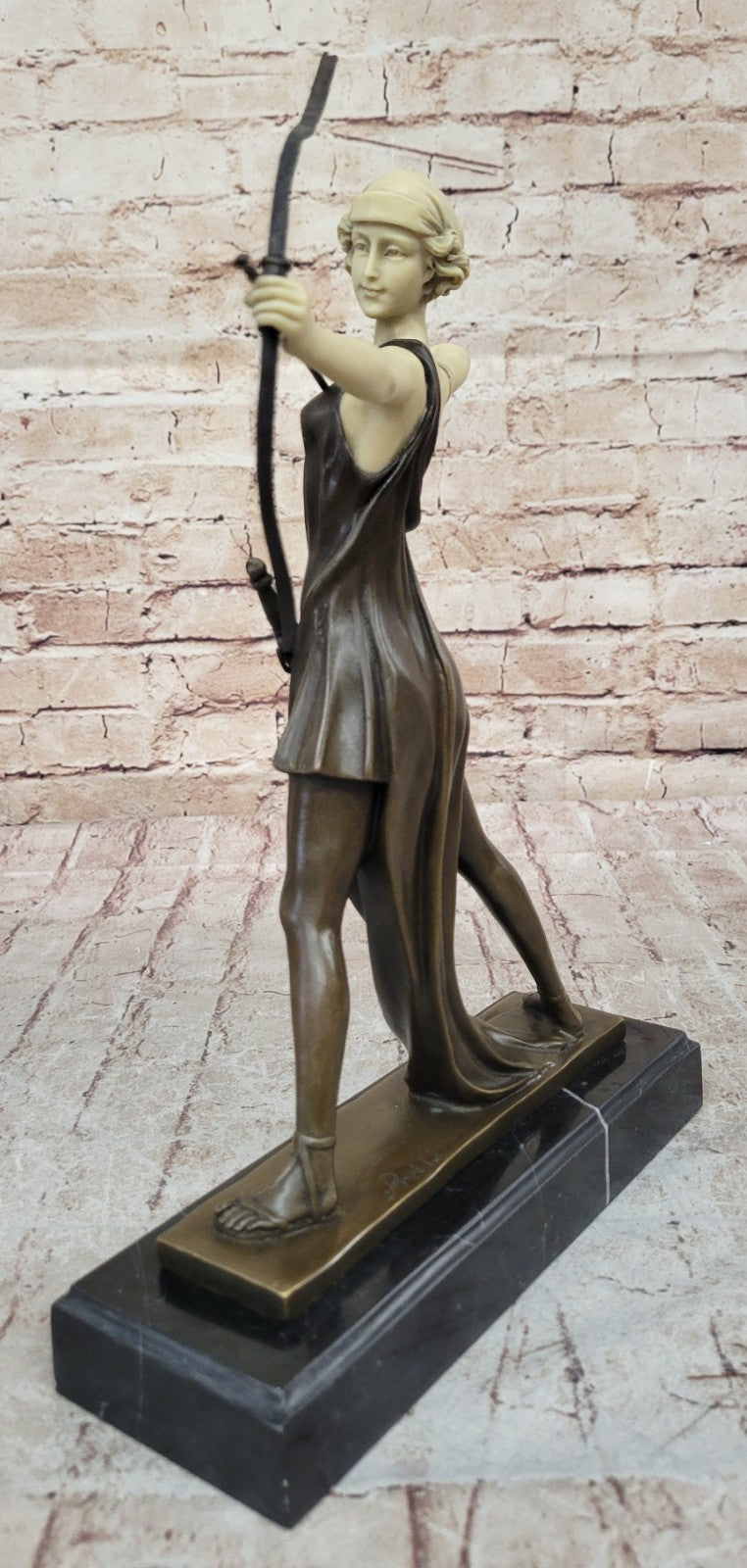 Diana with a bow statue made of bronze standing on a marble base Lost Wax Method