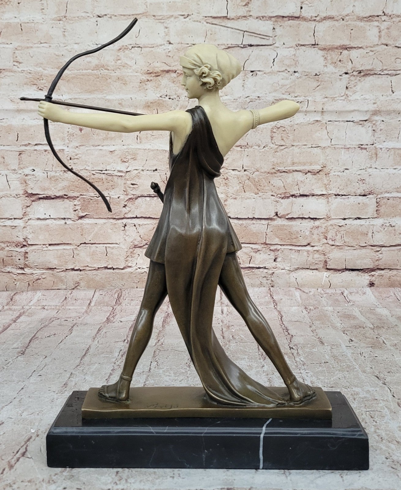 Diana with a bow statue made of bronze standing on a marble base Lost Wax Method