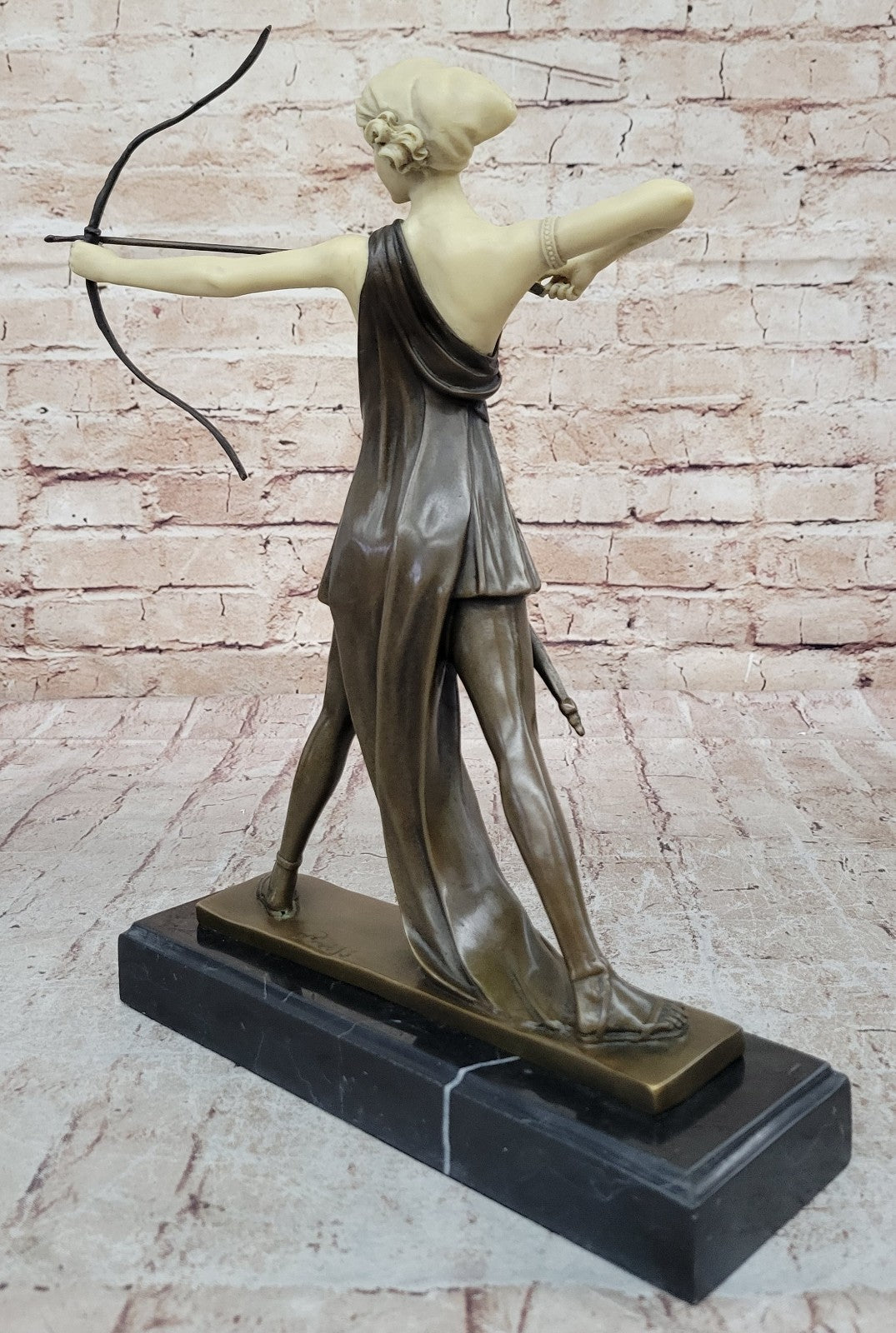 Diana with a bow statue made of bronze standing on a marble base Lost Wax Method