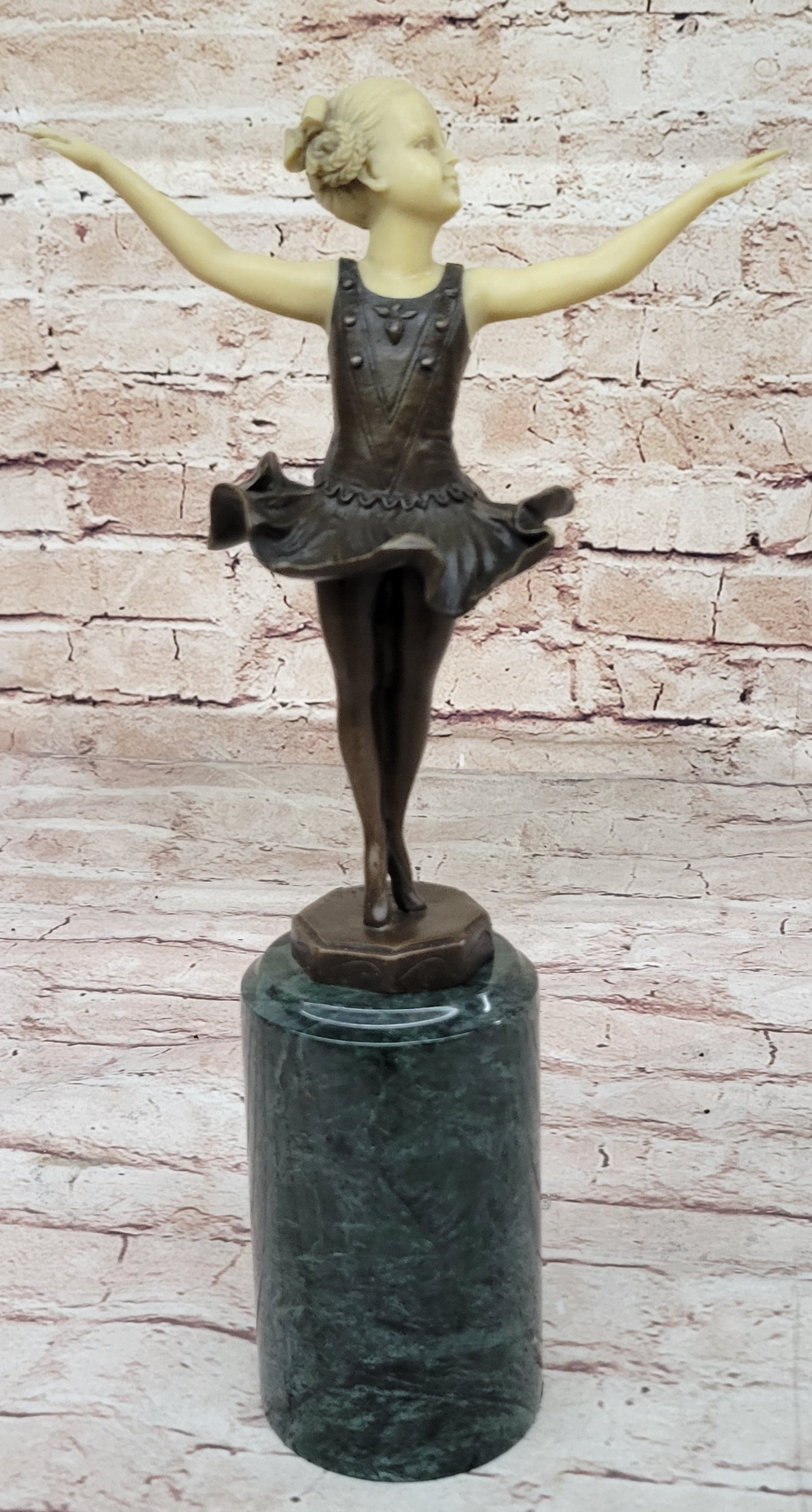 Signed Preiss Young Girl Ballerina Bronze Green Marble Sculpture Figurine Figure