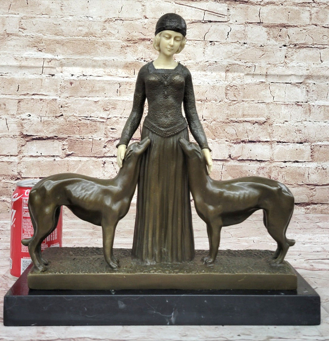 Handcrafted Bronze Art Deco Friends Forever Lady with Dogs Statue Chiparus