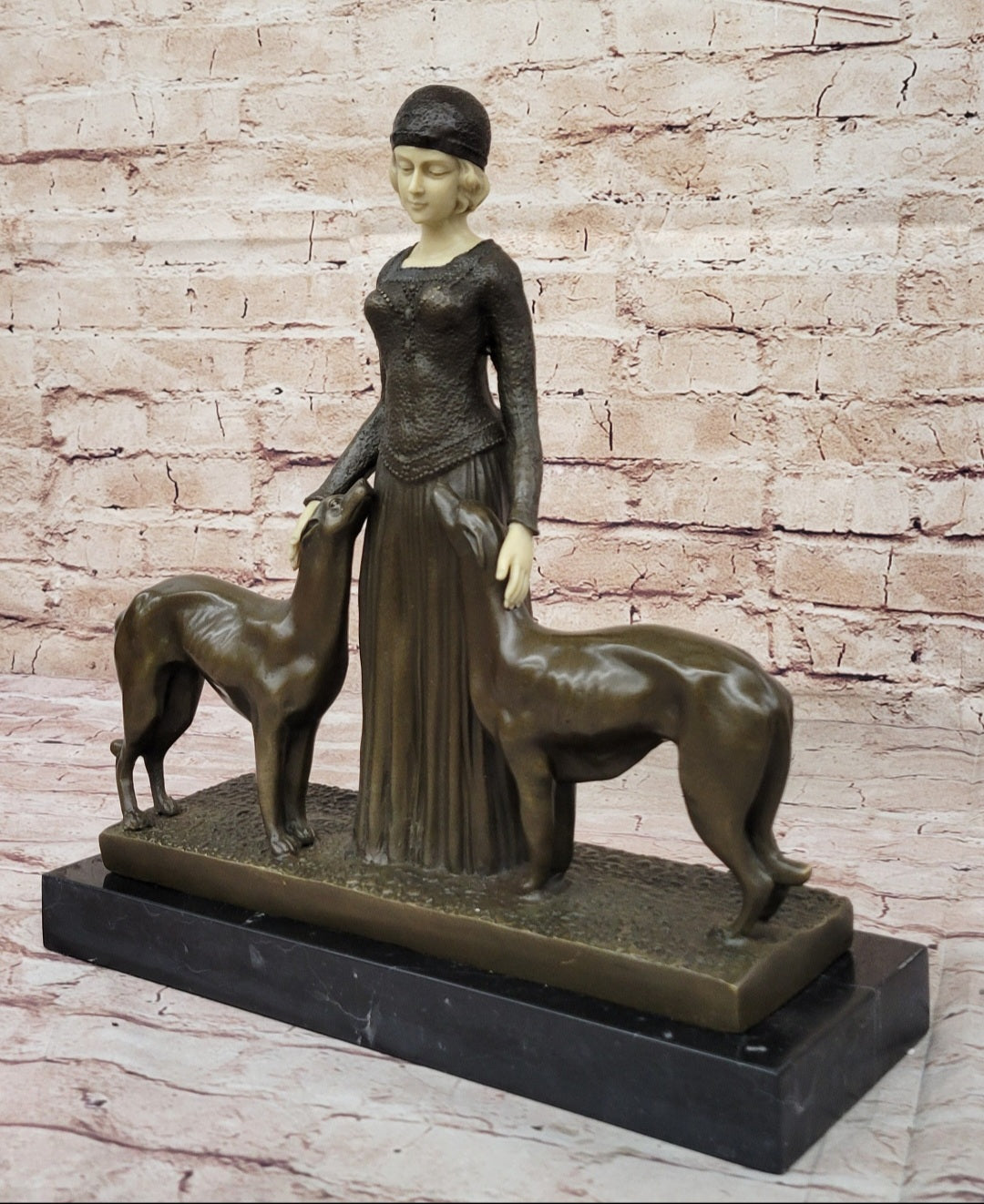 Handcrafted Bronze Art Deco Friends Forever Lady with Dogs Statue Chiparus