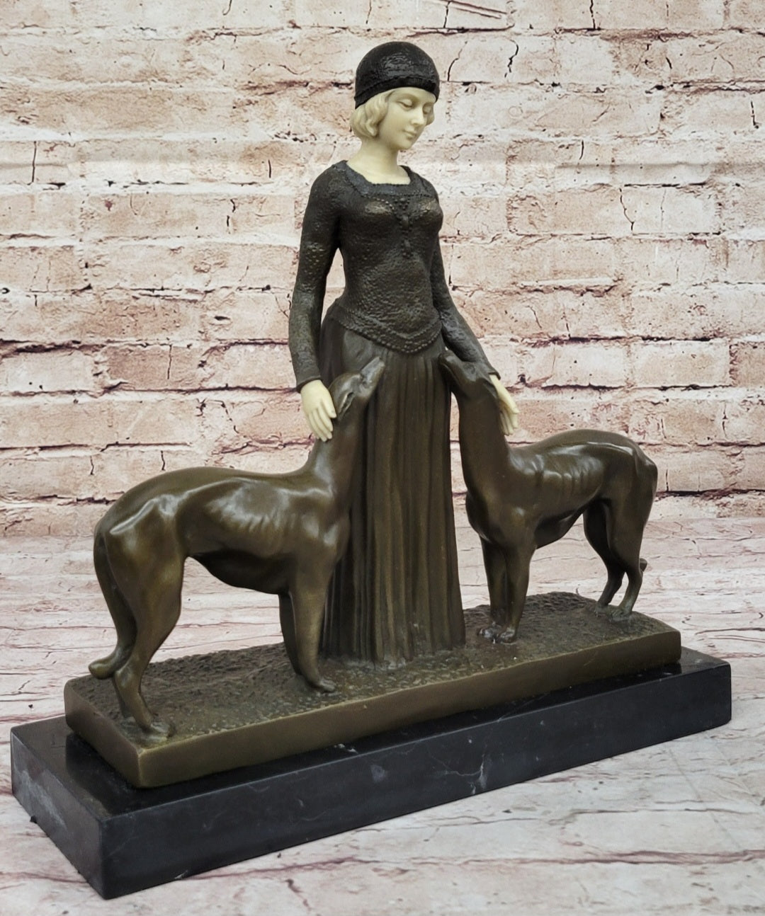 Handcrafted Bronze Art Deco Friends Forever Lady with Dogs Statue Chiparus