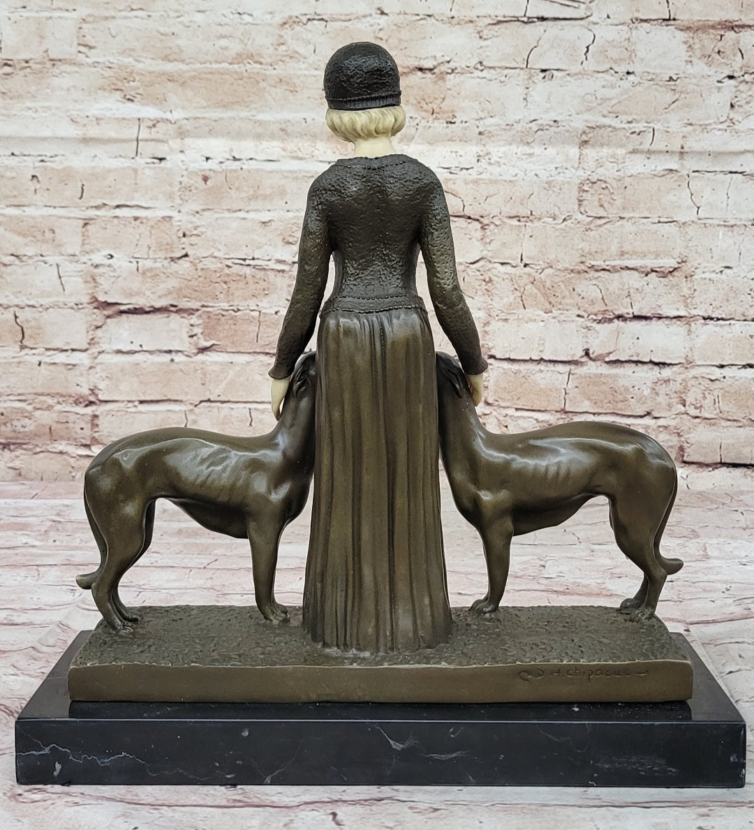 Handcrafted Bronze Art Deco Friends Forever Lady with Dogs Statue Chiparus